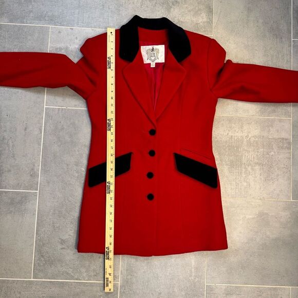 VTG RZR Red Wool Jacket Riding Equestrian Longline Black Velvet Trim MadeRomania - Picture 6 of 13